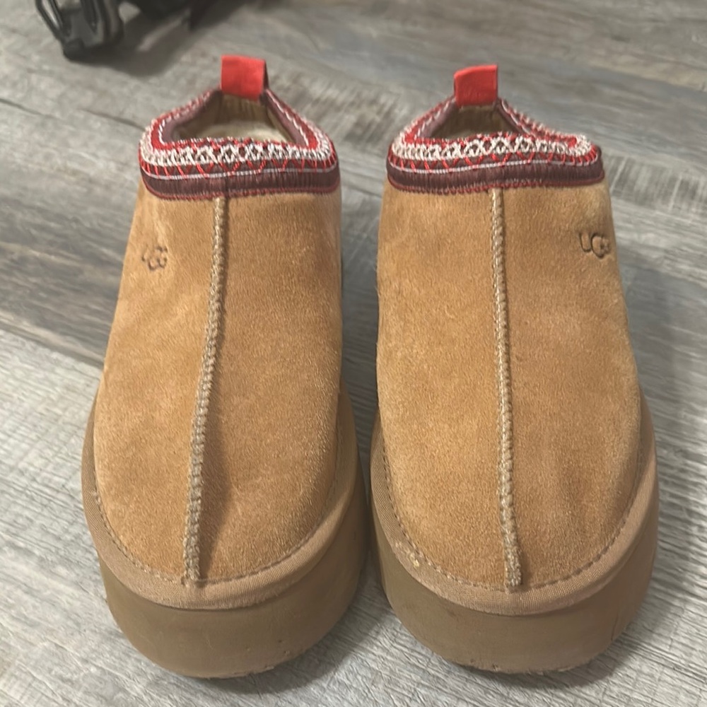 UGG Tan Suede Slip-Ons with Red Accents